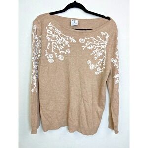 Rain + Rose Long Sleeve Tan Floral Embroidered Sweater Size Large